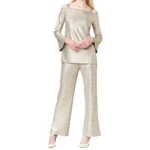 NWOT Clara Sun Woo Gold Lamé Open Shoulder Bell Sleeve Top and Classic Side Slit